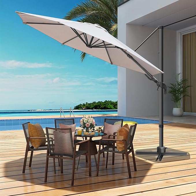 10 FT Patio Umbrella, Outdoor Cantilever Round Umbrella with Creative Swivel Handle and Tilt, Olefin Large Offset Umbrella with 360-degree Rotation Table Garden Pool Patio Umbrellas, Champagne