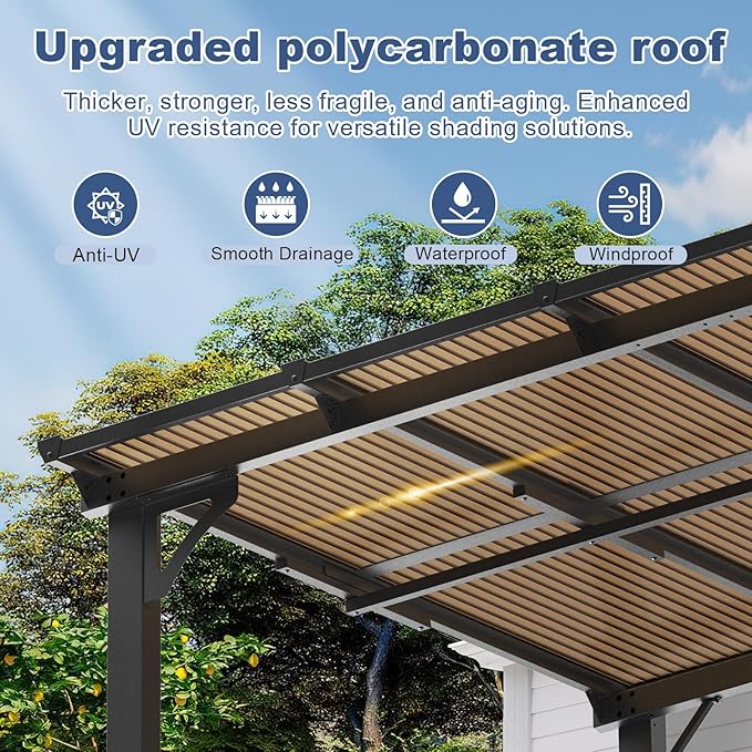 MEISSALIVVE 12' x 16' Wall Mounted Lean to Metal Awning with Sloped Roof for Outdoor Patio Backyard & Deck - Black