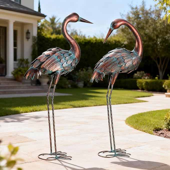 chisheen Crane Garden Statues Outdoor Yard Decorations Metal Heron Yard Art Bird Sculpture Decor for Outside Lawn Patio Large Size, for Women Mom,Set of 2