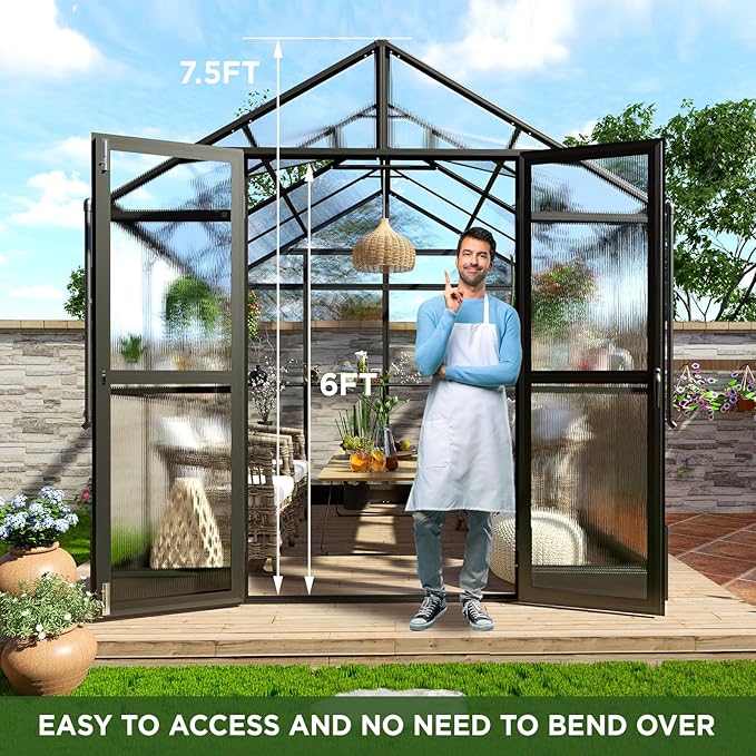 HOWE 8x8x7.5 FT Aluminum Greenhouses for Outdoors,Polycarbonate Greenhouse with 2 Vents Lockable Swing Door Rain Gutter,Walk-in Greenhouse for Backyard Plants, Black