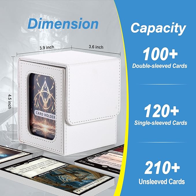 MTG Deck Box, Double Display Window MTG, Commander Deck Box Fits 120+ Single Sleeved Cards, PU Leather Magnetic Closure Card Box with 2 Dividers&2 Toploaders for TCG, CCG, White
