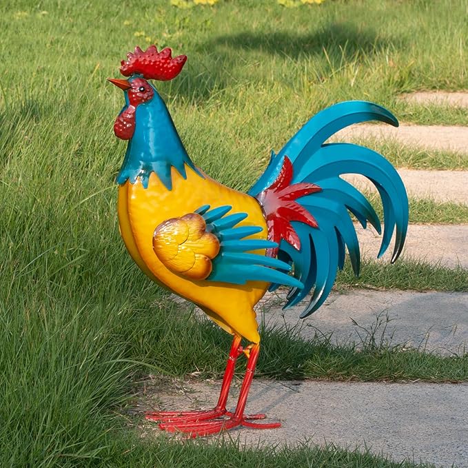 Natelf Rooster Garden Statues Outdoor Decor Metal Chicken Sculpture, Yard Art for Patio, Porch, Backyard-Rustic Farmhouse Decoration Unique Gifts for Mom, Grandma, Garden Lovers