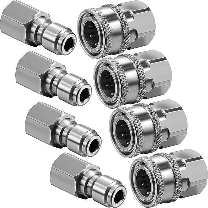 Hotop 4 Sets NPT 3/8 Inch Stainless Steel Male and Female Quick Connector Kit Pressure Washer Adapters Hose Quick Connector (Internal Thread)