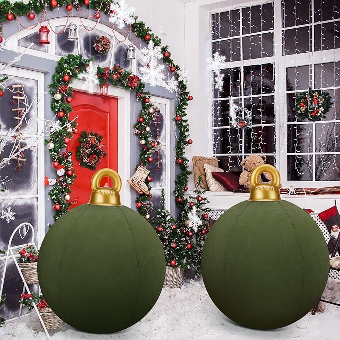 Jetec 3 Pcs 32 Inch Giant Velvet Christmas Inflatable Balls Ornament Flocked Xmas PVC Inflatable Flocked Ball Ornaments for Christmas Holiday Outdoor Blow up Yard Decor(Green)