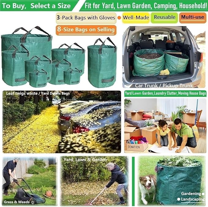 Standard 3-Pack 46 Gallon Yard Garden Bags (D26, H19 inch) with Garden Gloves, Leaf Bags,Yard Waste Bags,Recycling Bag,Camping Waste Bin,Laundry Bag,Lawn Debris,Grass Clippings,Weeds Barrel 4 Handles