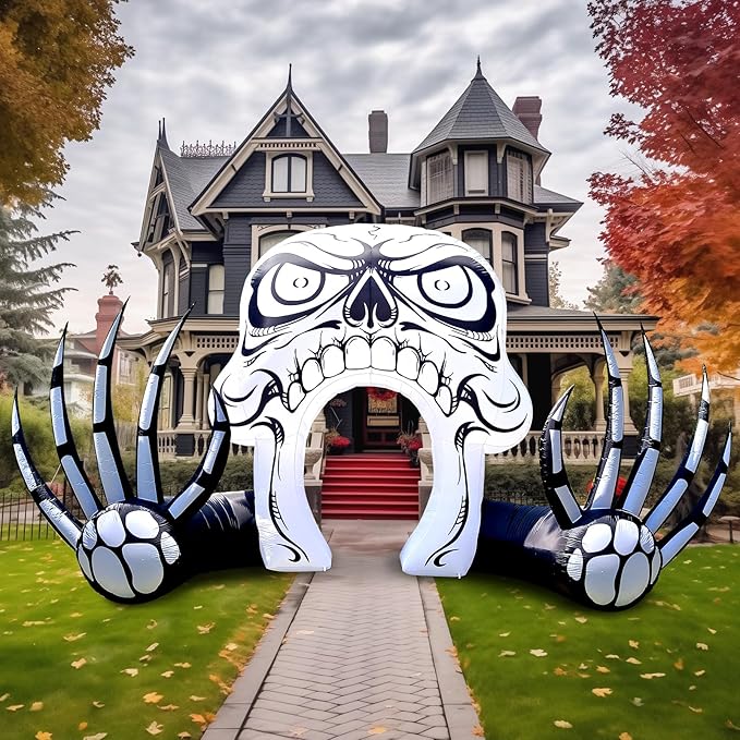 WBHome 12 Ft Halloween Inflatable Skeleton Skull Door Decorations, Day of The Dead Blow Up Yard Decor with Built-in LED Light (Plug in) for Lawn Home Dia de Los Muertos Party Indoor Outdoor