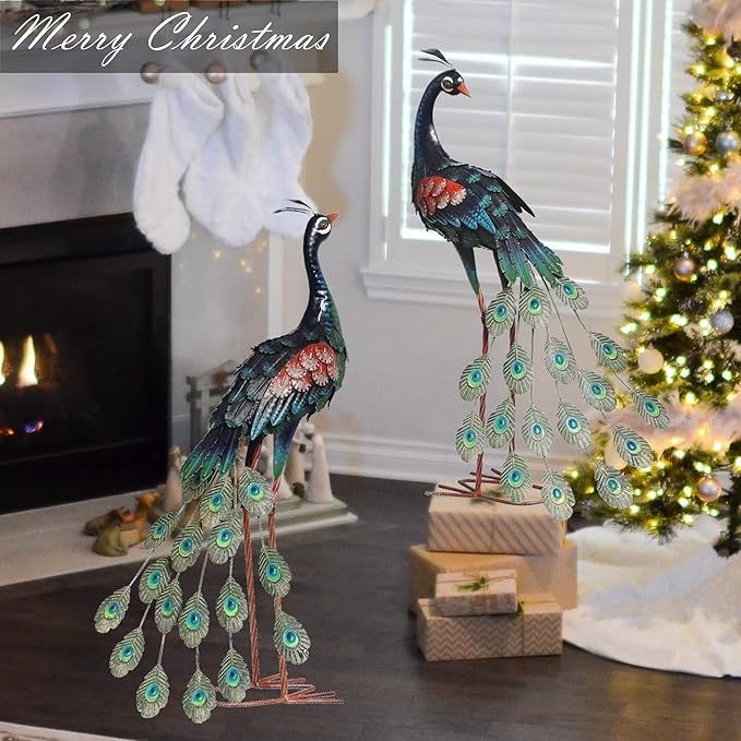 chisheen Garden Decor Outdoor Statues, Metal Peacock Decor for Outside, Garden Art Sculptures Standing for Patio Yard Lawn Home Decorations, Set of 2