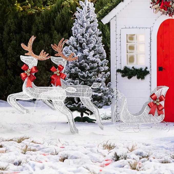 Christmas Decorations: Lighted Reindeer & Sleigh Outdoor Display, Multicolor, 270 LED Lights, Weatherproof, Easy Assembly
