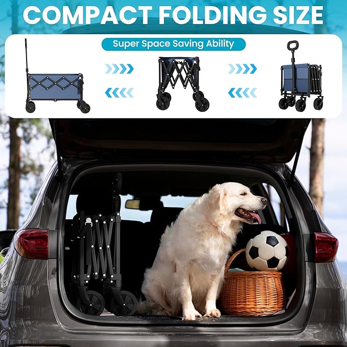 Collapsible Wagon with Tailgate, Ultra-Compact & Portable Folding Wagon with 350lbs Capacity, Lightweight Portable Utility Wagon Cart for Shopping Camping Sports Garden (Navy)