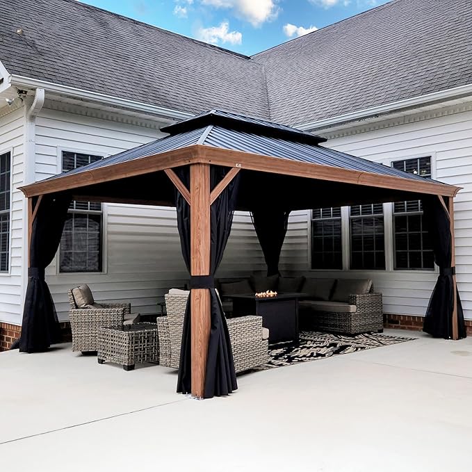 PURPLE LEAF 12' X 16' Outdoor Hardtop Gazebo for Patio Galvanized Steel Double Roof Permanent Canopy Aluminum Frame Pavilion Gazebo with Netting