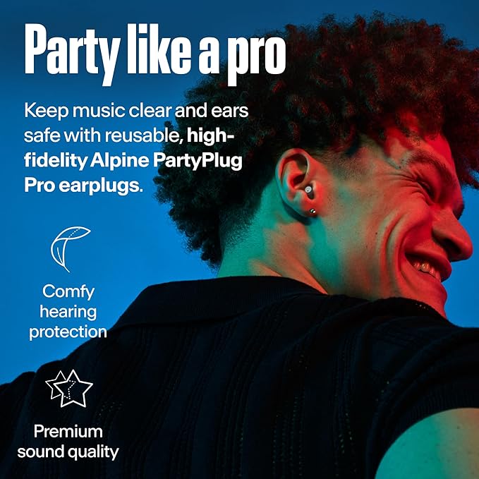 Alpine PartyPlug Pro Concert Ear Plugs, High Fidelity Professional Earplugs, 21dB Noise Reduction, Premium Hearing Protection for Music Festivals, Raves & Live Events, Incl. 3 Tip Sizes, Transparent