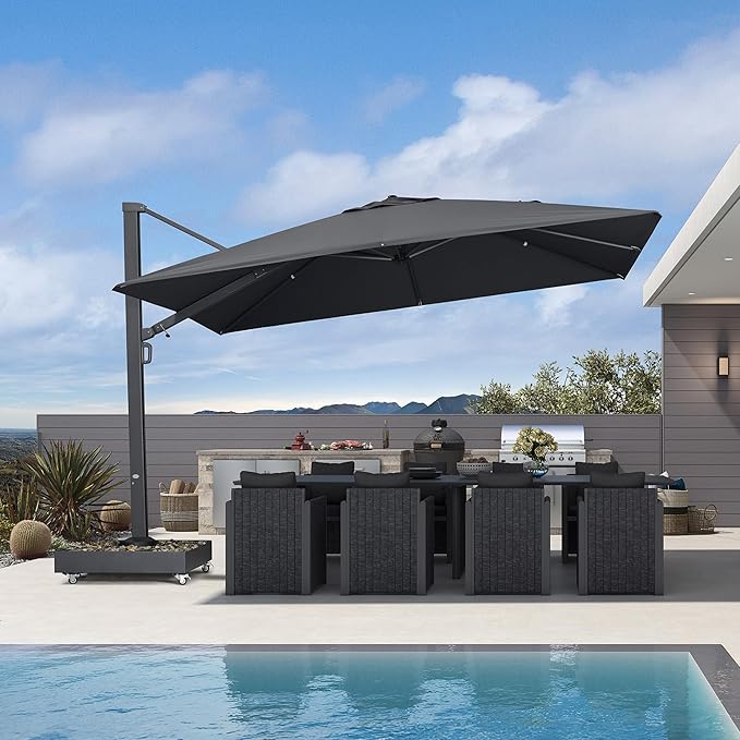 PURPLE LEAF 12' X 9' Rectangle Patio Umbrella with Base Included Large Outdoor Aluminum Offset Umbrella with 360-degree Rotation Cantilever Umbrella for Garden Deck Backyard Pool Grey