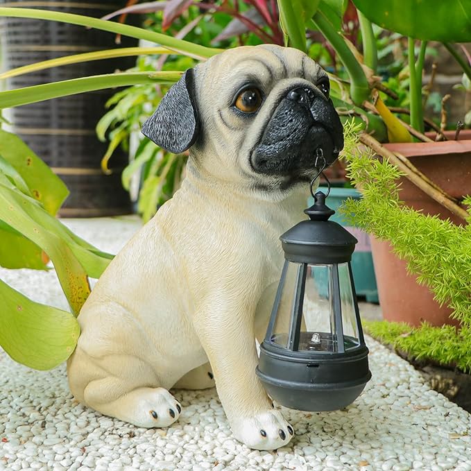 Afirst Solar Dog Garden Statue with Solar Lantern Outdoor Garden Pug Statues Figurines Lights Decorations for Patio Balcony Yard Ornament Outdoor Decor Gift