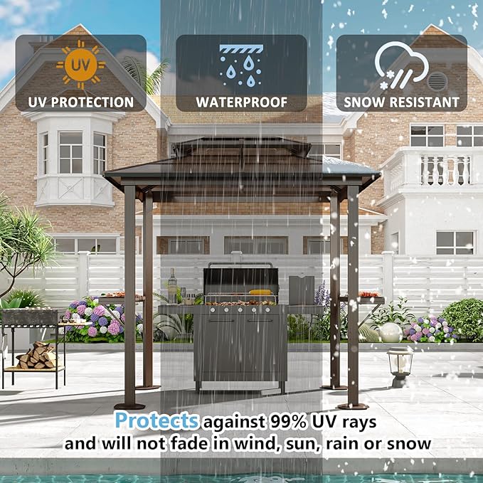 Aoxun Grill Gazebo 8 x 5FT, Outdoor Barbecue Gazebo with Double Polycarbonate Top, Aluminum Grill Canopy with Shelves for Patio, Garden, Lawn