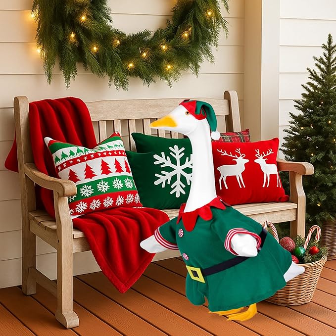Christmas Porch Goose Outfits for 23 Inch Lawn Statue, Goose Costume for Plastic/Cement Statue Yard Patio Xmas Winter Decor