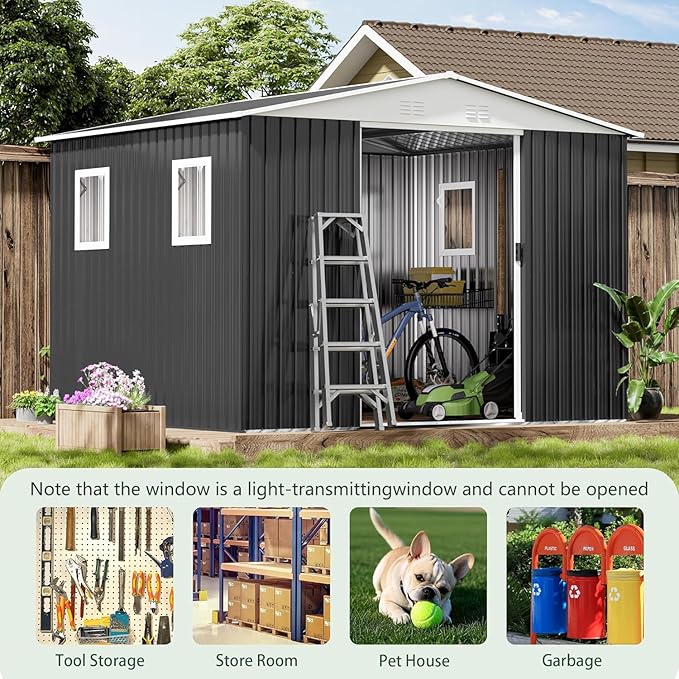 Ball & Cast 6x9 FT Outdoor Storage Shed, Metal Garden Sheds with Punched Vents and Sliding Door, Clearance Tool House with Aluminum Frames for Backyard Patio,Grey