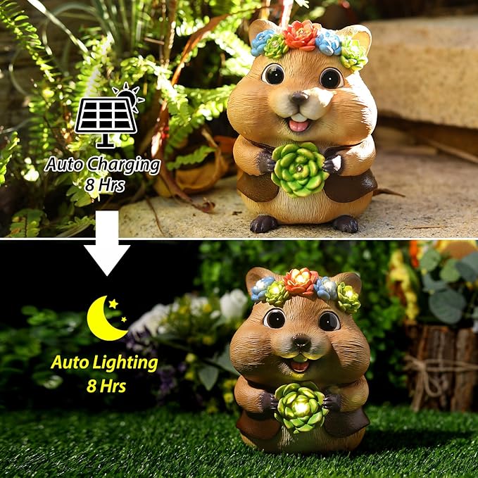 Solar Garden Decor Outdoor Statues Hamster with Succulent and LED Lights Birthday Gifts for Women Mom Grandma Outside Decorations for Lawn, Porch, Yard, Patio, Balcony