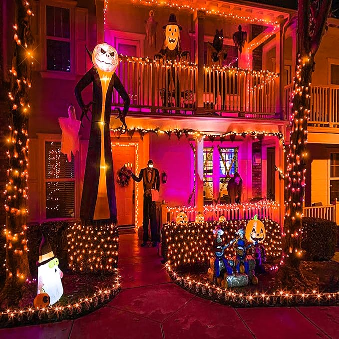 Vivideal 100ft 300 LED Orange Halloween Lights Outdoor Waterproof Halloween String Lights Indoor 8 Modes Clear Wire, Plug in Orange Christmas Light for Xmars Tree Bedroom Thanksgiving Decorations