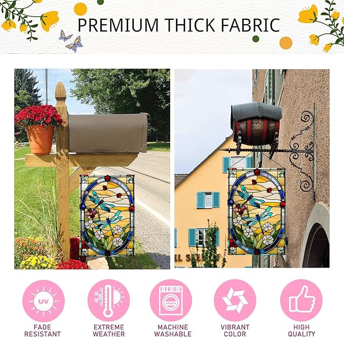 Spring Summer Dragonfly Garden Flag Stained Glass Style Floral Flowers Garden Flag Vertical Double Sided Rustic Farmland Burlap Yard Lawn Outdoor Decor 12.5x18"