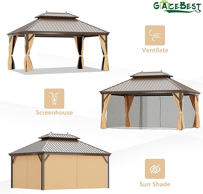 12'x16' Hardtop Gazebo, Outdoor Aluminum Patio Gazebo Double Roof Galvanized Steel Canopy with Netting and Curtains,for Garden, Patio, Backyard, Deck and Lawns.