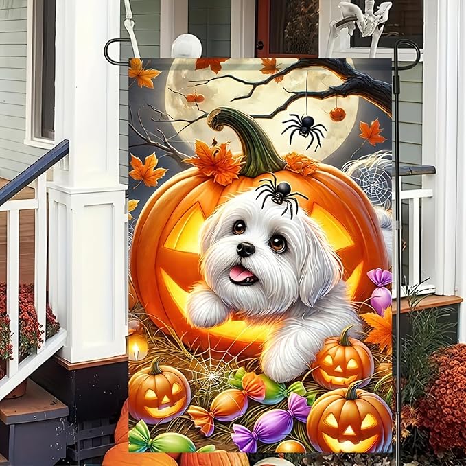 Welcome Halloween Garden Flag 12 x 18 Double Sided Maltese-Dog Garden Flag Lantern Pumpkin Black Yard Small Flag Lawn Outside Decor Funny Holiday Outdoor Home Decoration Banner