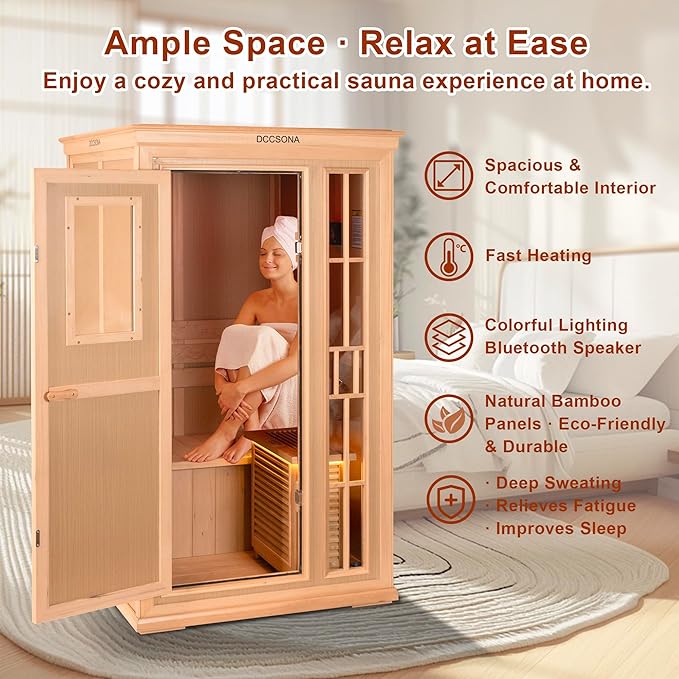 1 Person Dry Sauna for Home Max 165°F Traditional Sauna Experance, Indoor Hemlock Wooden Sauna, 110V-120V Electric Fast Heating, Easy Assembly, 7-Color Lamp, Bluetooth Size: 39.8 x 37.8 x 65.7inch