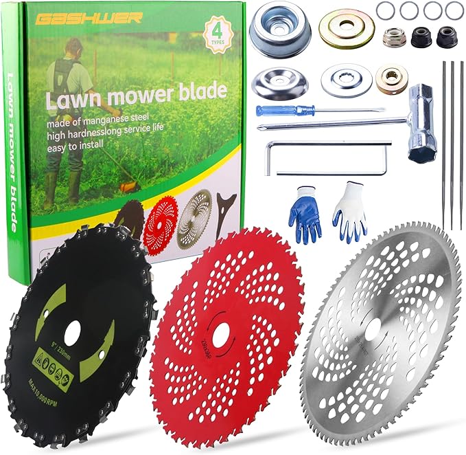 9" x 36 Teeth Carbide Tipped Blades & 9" x20T Carbon Steel Round Chainsaw Tooth Blades & 10" x 80T Brush Cutter Trimmer Blades with Adapter Kit