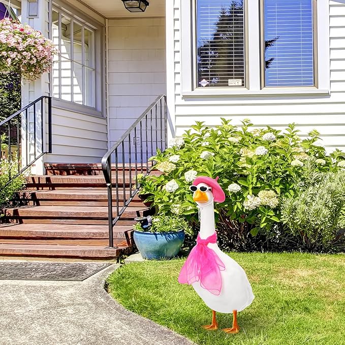 Yaomiao 3 Pcs French Porch Goose Outfit Set for 23'' 17'' Cement Plastic Lawn Goose Costume 50s French Beret Hat for Statue Halloween Carnival Statue Decor(Hot Pink)