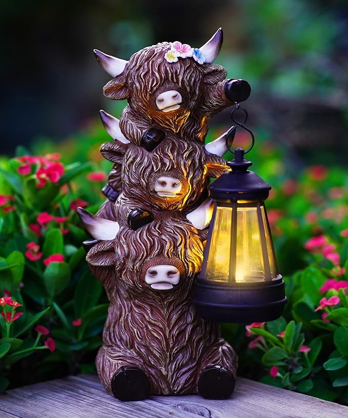 Solar Highland Cow Outdoor Decor:Garden Statue Outside Lantern Ornaments for Yard Lawn Patio Porch- Unique Gifts for Mom Women Grandma(Brown)