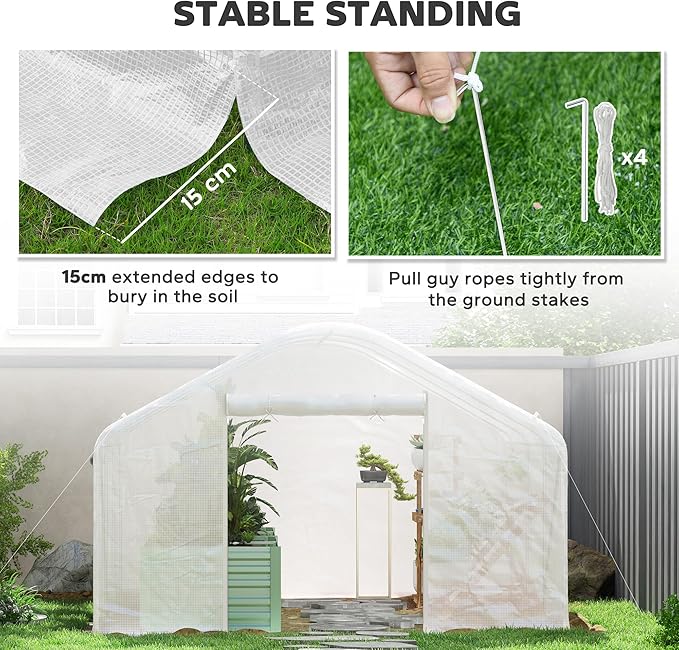 Outsunny 13' x 10' x 6.5' Hoop House Greenhouse with Large Windows and Zippered Door, Large Walk-in Tunnel Green House with Upgraded Galvanized Steel Frame, PE Cover, Gardening Plant Hot House, White