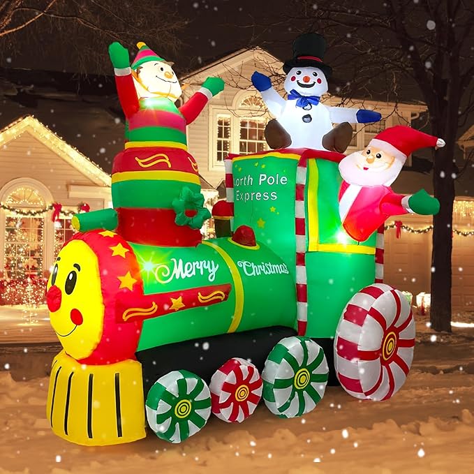 6.2FT Christmas Inflatables Train & Santa Claus Outdoor Yard Decortaions Blow-up Christmas Decor with Built-in LED Lights for Garden Lawn Party
