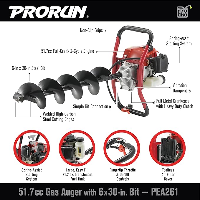 PRORUN 51.7cc One Person Gas-Powered 2-Cycle Auger with 6 x 30-in. Bit