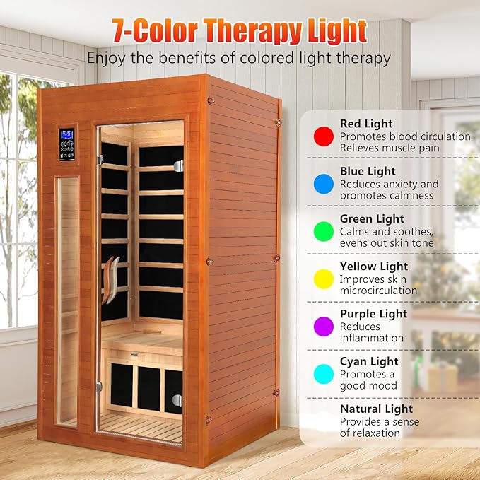 1-2 Person Infrared Sauna, Dry Heat Sauna with Red Light Therapy, Bluetooth, Radio, 7-Color Therapy Light for Home, Indoor, Gym, Wellness Center, 36″ x 36″ x 73″