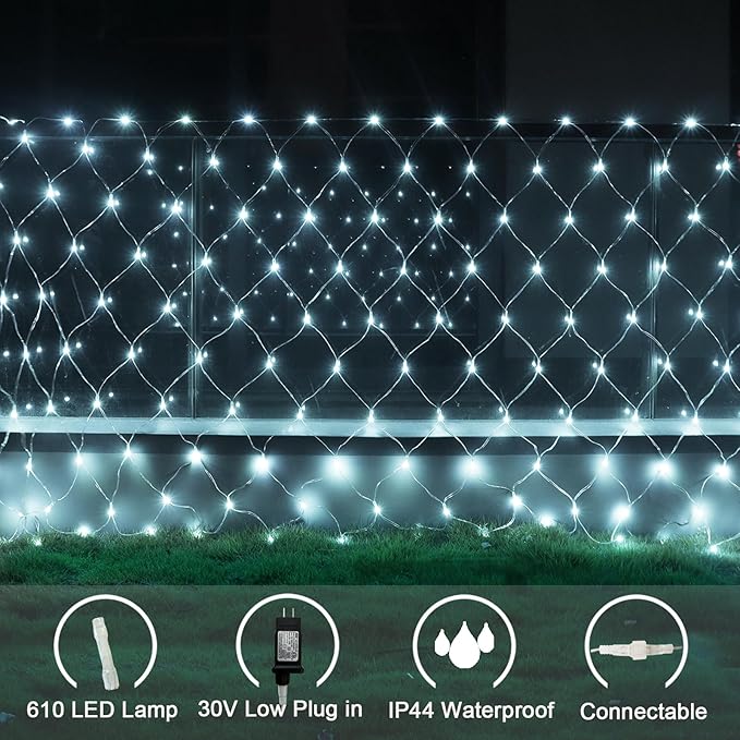 610 LED Christmas Net Lights, 34.5ft x 5ft Mesh Lights Outdoor with Timer & 8 Lighting Modes Clear Wire, Waterproof Connectable String Lights for Bushes Xmas Tree Garden Holiday Party - White
