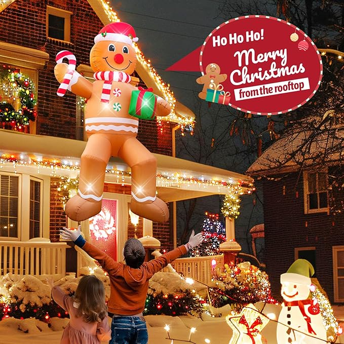 12FT Christmas inflatables, Christmas Inflatable Outdoor Decoration Sitting Gingerbread with Built-in Led Lights, Christma Blow Ups Outdoor Roof Yard Lawn Xmas Decor