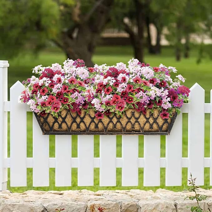 Window Boxes Planters: 2 Pack 30 Inch Railing Planter Box with Adjustable Brackets for Porch Fence Patio Balcony Hanging Flower Baskets with Coco Liners for Outdoor Garden Decor - Bronze
