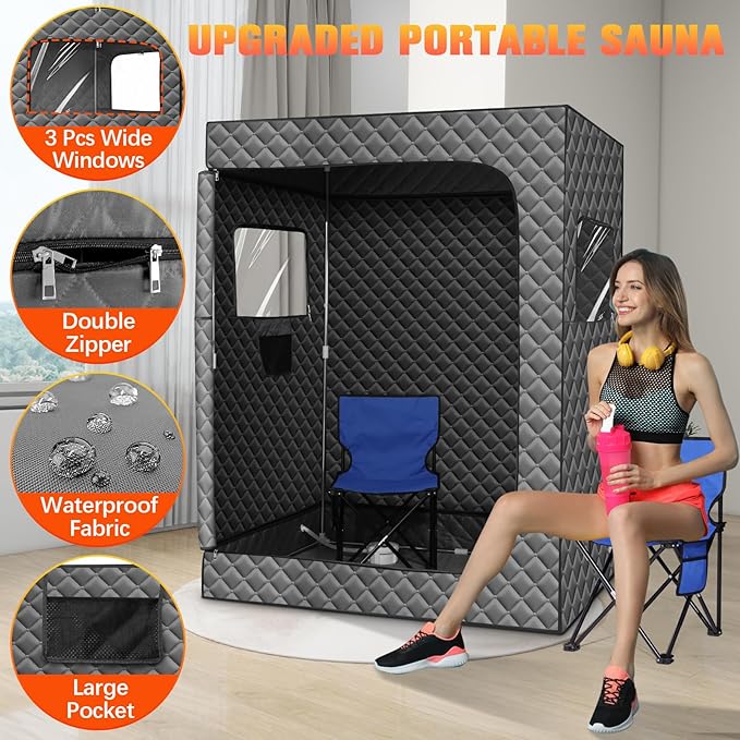 2 Person Portable Steam Sauna for Home, Extra Large Sauna Box for Relaxation, Detoxification, 2 Steamer, 2 Foldable Chair & Remote Control, Grey