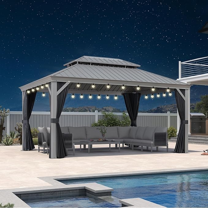PURPLE LEAF 11' x 15' Hardtop Aluminum Gazebo with Double Metal Roof Heavy Duty Permanent Gazebo for Pool Patio Deck Lawn Garden All Weather Outdoor Pavilion Gazebos, Light Grey