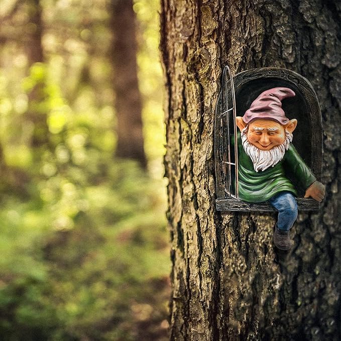 Elf Out The Door Gnome Tree Hugger Statue, Funny Whimsical Garden Peeker Sculpture, Resin Tree Face Decor Outdoor, Hanging Gnome Figurine for Yard Patio Lawn Porch Decoration, 7"x13"