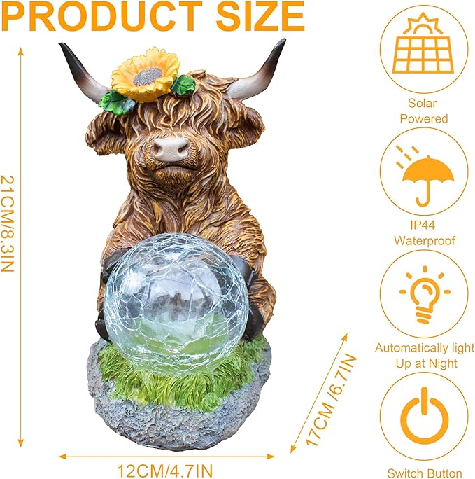 Highland Cow Outdoor Statue with Solar Transparent Ball for Garden Outside Yard Lawn Decor Highland Cow Figurine Porch Patio Balcony Home, Birthday Gifts for Mom Women