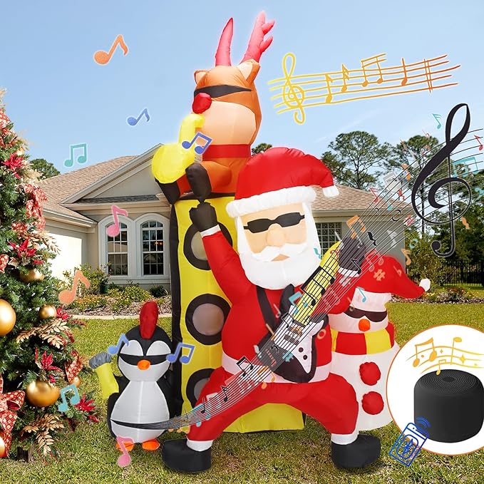 Bonus Bluetooth Speaker! 7FT H Christmas Inflatable Santa with Friends Reindeer& Penguin&Snowman Holding Concert, Animated Christmas Inflatable with Build-in LED Lights fo Christmas Decor