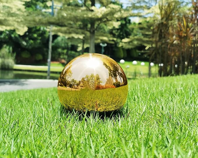 Gold Gazing Globe Mirror Ball in Stainless Steel, Shiny Hollow Sphere Sparkling Housewarming Outdoor Ornament (8 Inch) (Gold)…