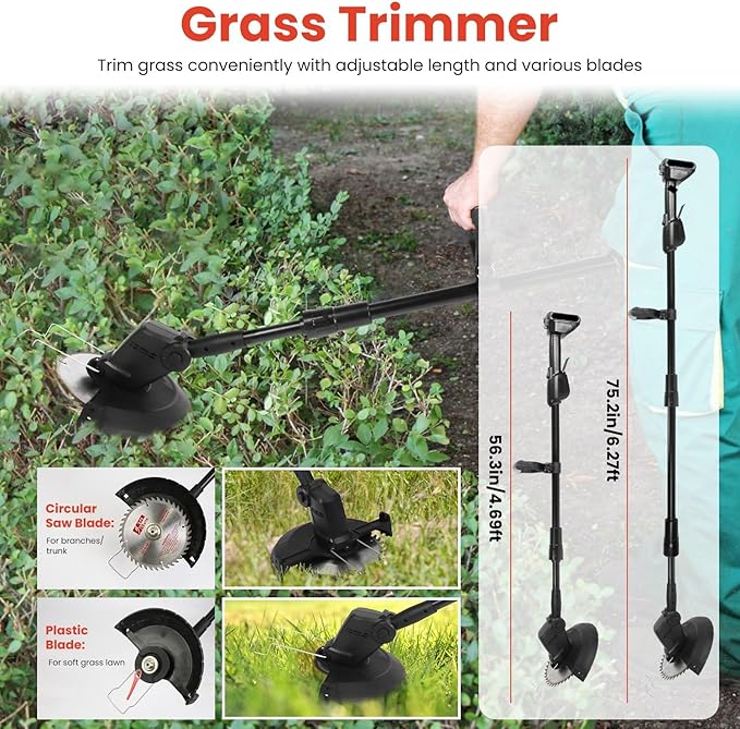 3-in-1 Cordless Pole Saw & Mini Chainsaw & Grass Trimmer, 21V Battery Powered 6 Inch Electric Pole Chainsaw, 12.3ft Max Reach, 5.5 LB Lightweight Pole Saws for Tree Trimming, Branch Cutting