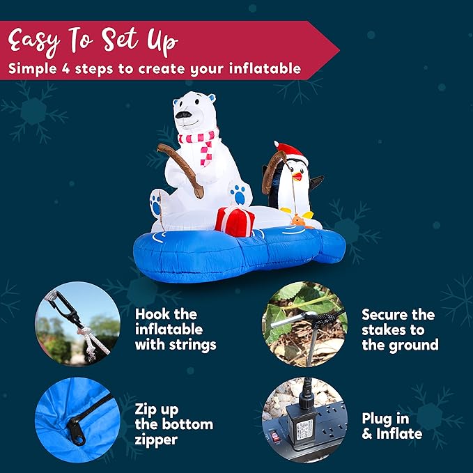Joiedomi 6 FT Long Christmas Inflatable Polar Bear Fishing with Penguin Decoration, Blow Up Yard Decoration Inflatables with Built-in LEDs for Christmas Party Indoor Outdoor, Yard, Garden, Lawn Décor