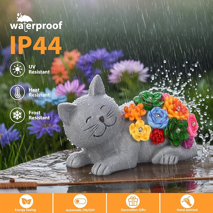 Solar Garden Decor Cat Statue, Outdoor Decor Cat Figurine with Succulentss and 6 LED Lights for Yard Art Lawn Porch, Unique Birthday Gifts for Women Mom