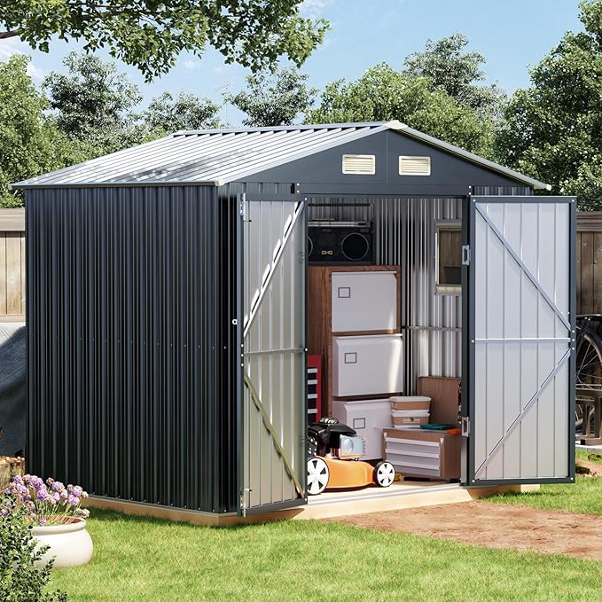 6x8FT Outdoor Metal Storage Shed with Floor Frame,Double Door, 1 Clear Window, Tool Shed for Garden, Patio, Backyard