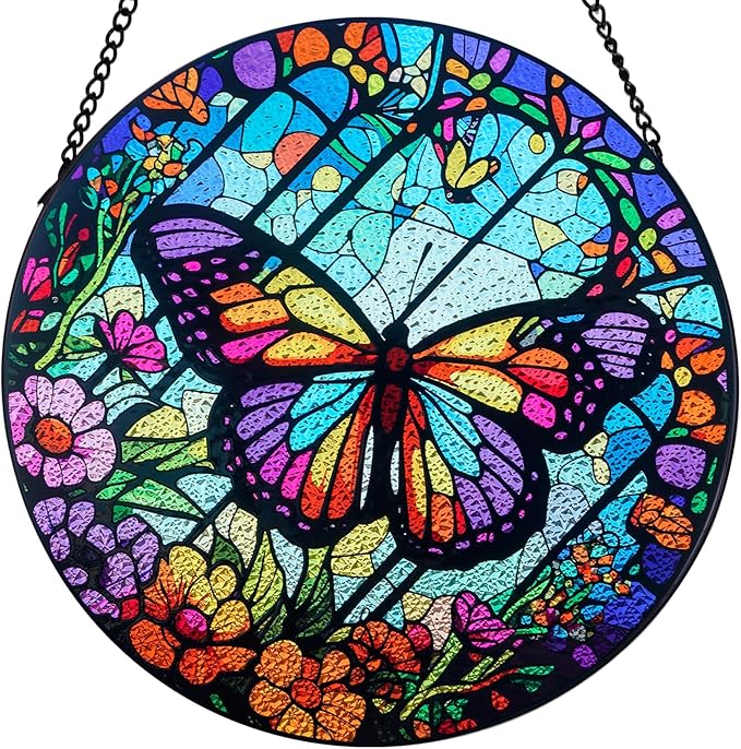 Stained Glass Window Hanging - Butterfly Suncatchers for Indoor Windows, Butterfly Stained Glass Decor for Home, Garden, Cottage, Sun Catcher Gift for Women (12 Inch)