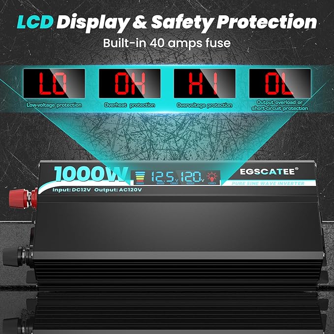 1000W Pure Sine Wave Inverter - 12V DC to 110V/120V AC Car Power Converter with 2 AC Outlets, USB Port, Type-C Port, LCD Display Power Inverter for Car, Truck, Home, Vehicles, Laptop