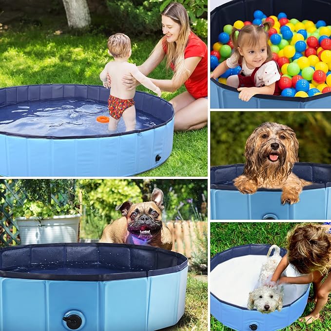 Foldable Dog Pool, Portable Pet Bath Tub and Kiddie Swimming Pool, Collapsible Bathtub for Puppies, Small, Medium and Large Dogs, Cats and Kids, 48 x 12 in, Blue