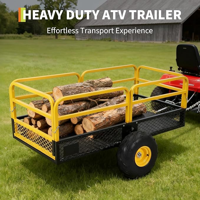 GarveeLife Lawn Mower Trailer ATV Dump Cart Tow Behind, 1600 Lb Utility Garden Cart, 22 Cu.Ft, Heavy Duty Steel Garden Utility Trailer with Removable Sides for Atvs, Utvs Lawn Garden Tractors